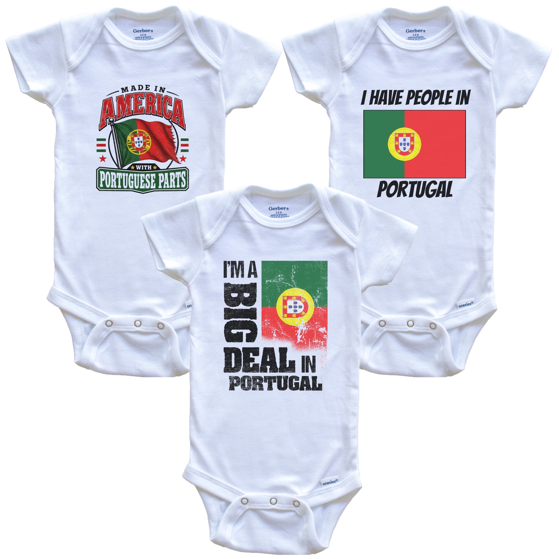 I'm A Big Deal In Portugal Baby Bodysuits Funny Portuguese Flag 3 Piece Gift Set