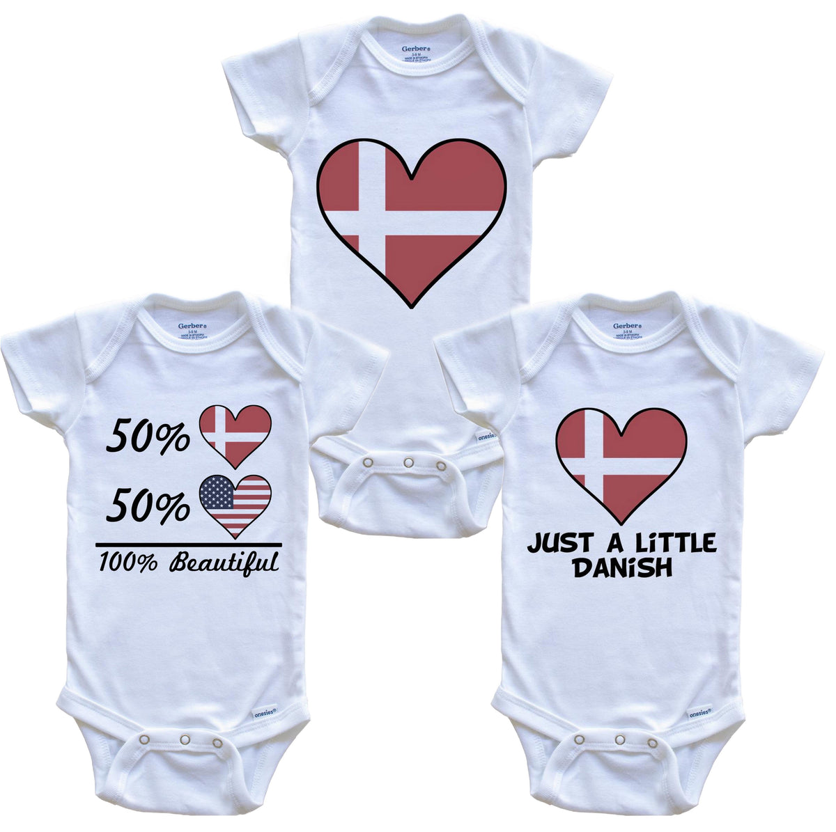 Danish American Heart Flag Baby Bodysuit Bundle (3 Piece Set)