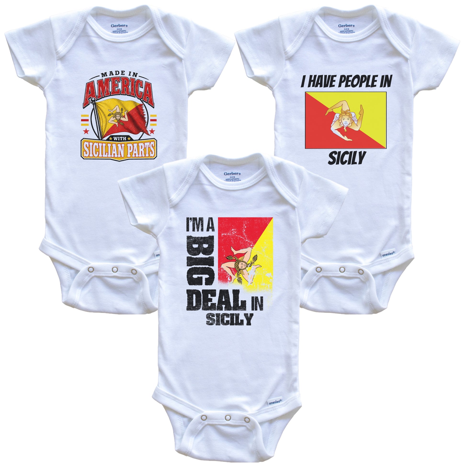 I'm A Big Deal In Sicily Baby Bodysuits Funny Sicilian Flag 3 Piece Gift Set