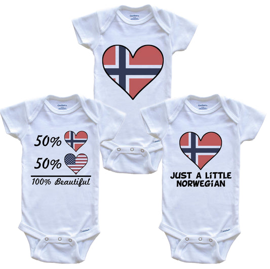 Norwegian American Heart Flag Baby Bodysuit Bundle (3 Piece Set)