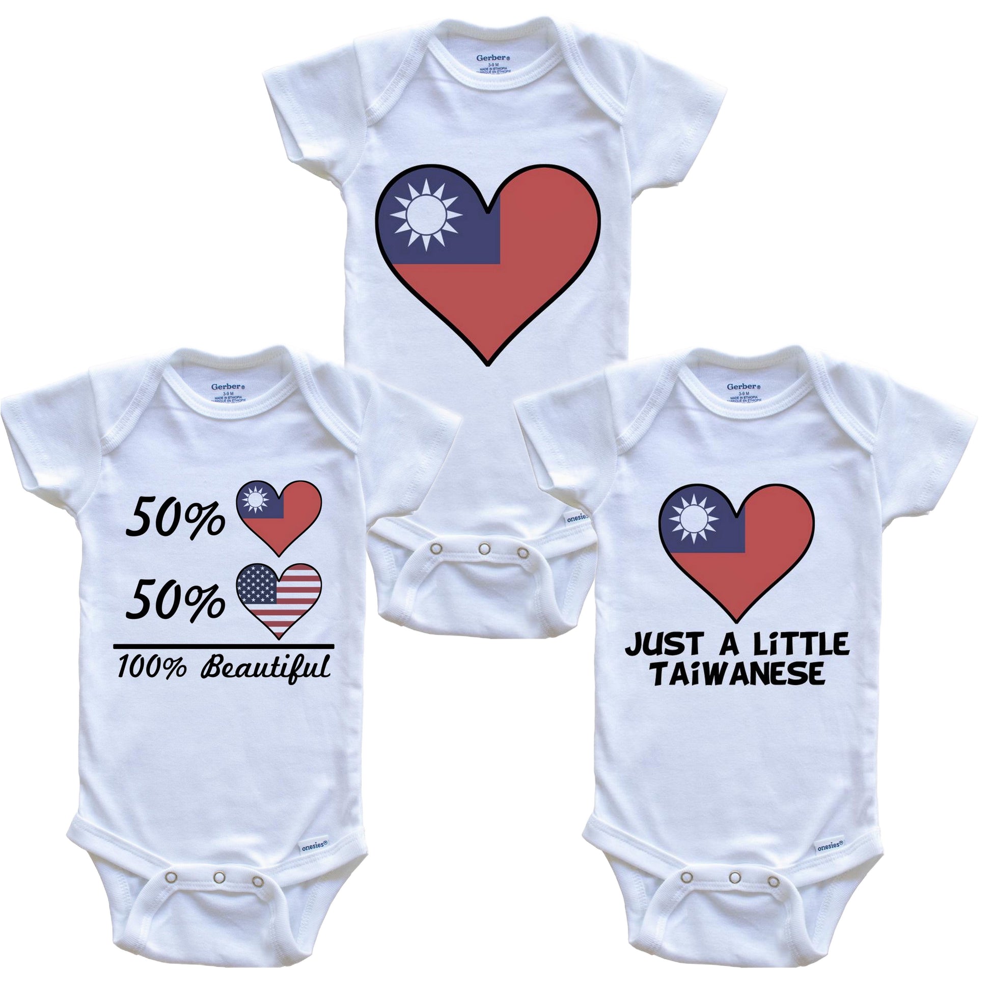 Taiwanese American Heart Flag Baby Bodysuit Bundle (3 Piece Set)