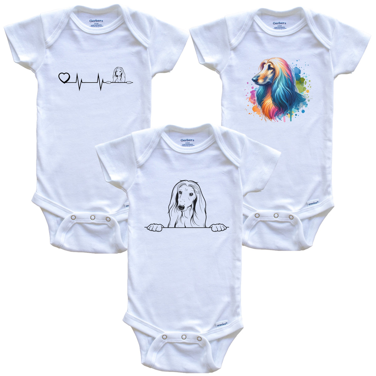 Afghan Hound Baby Bodysuits - Cute Dog Breed 3 Piece Gift Set