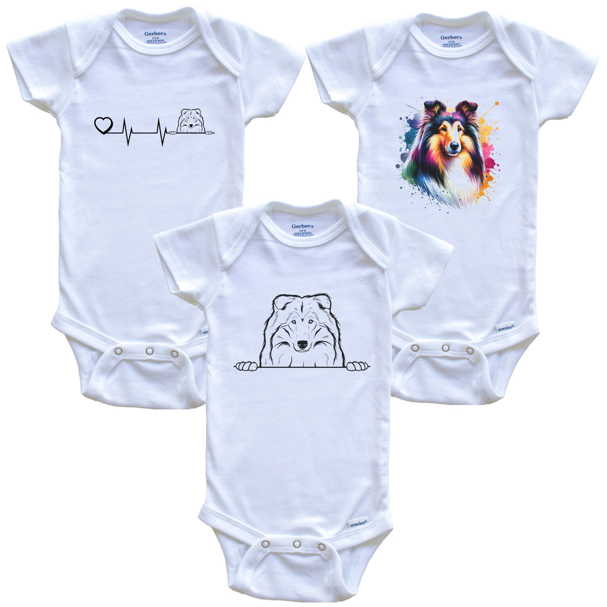 Collie Baby Bodysuits - Cute Dog Breed 3 Piece Gift Set