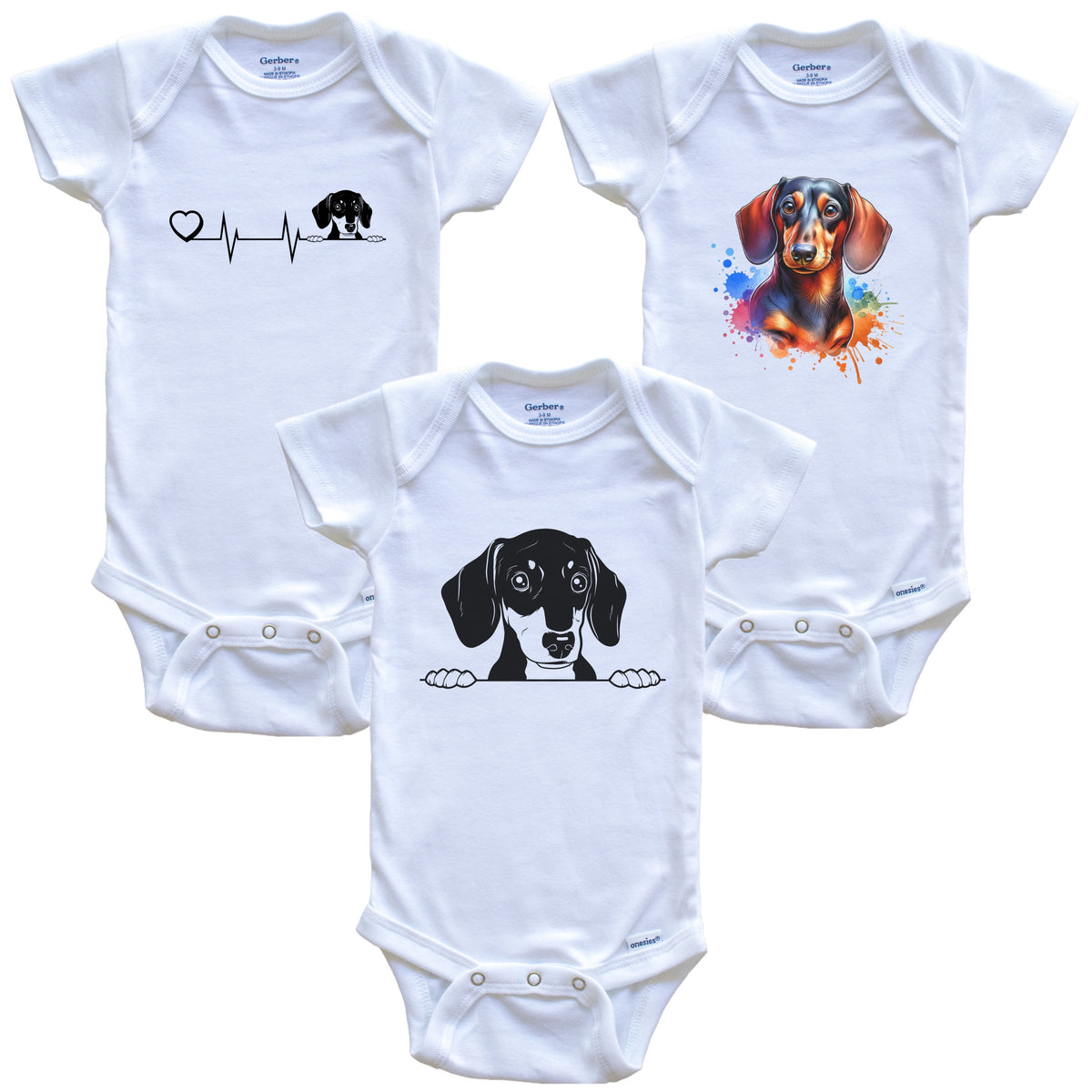 Dachshund Baby Bodysuits - Cute Doxen Dog Breed 3 Piece Gift Set