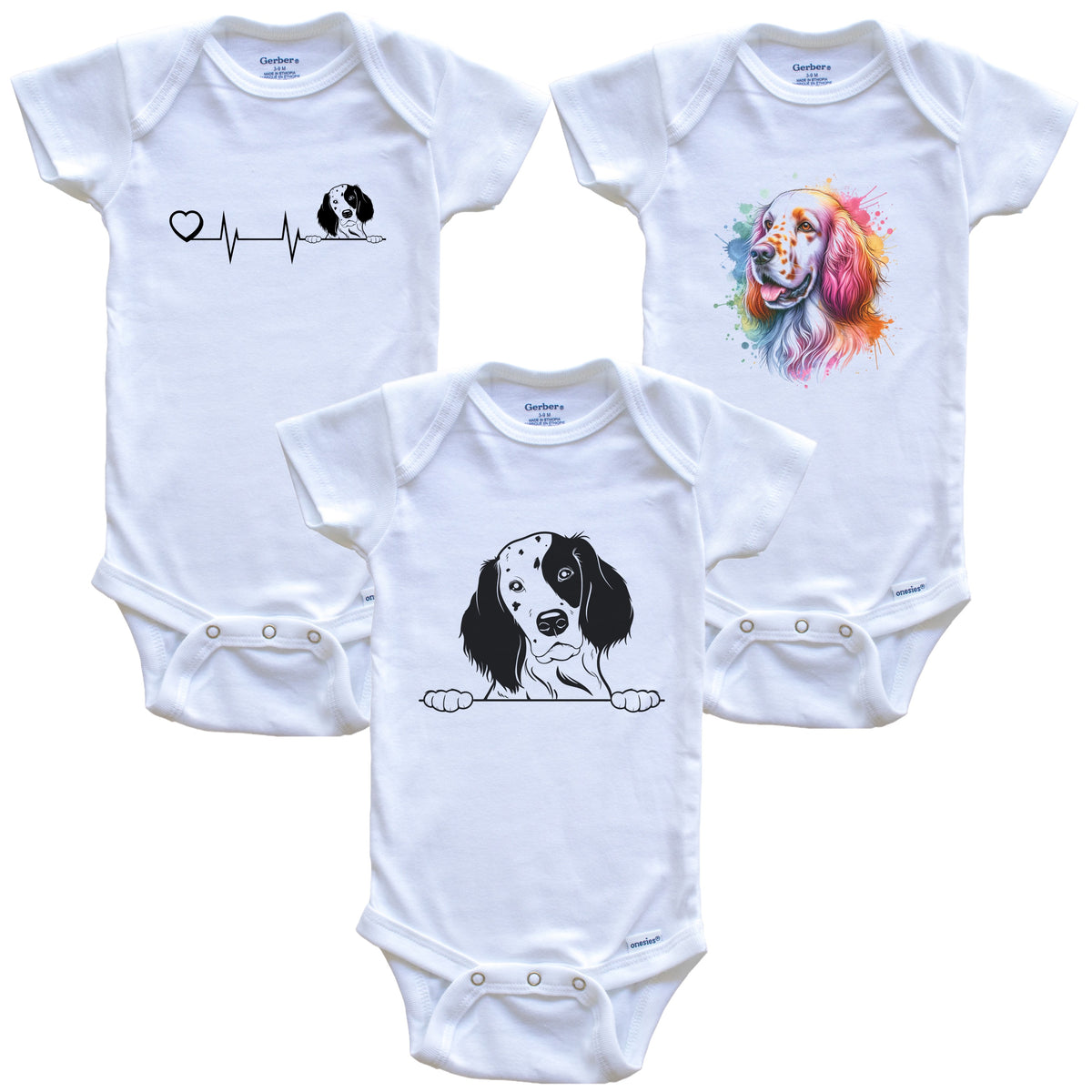 English Setter Baby Bodysuits - Cute Dog Breed 3 Piece Gift Set