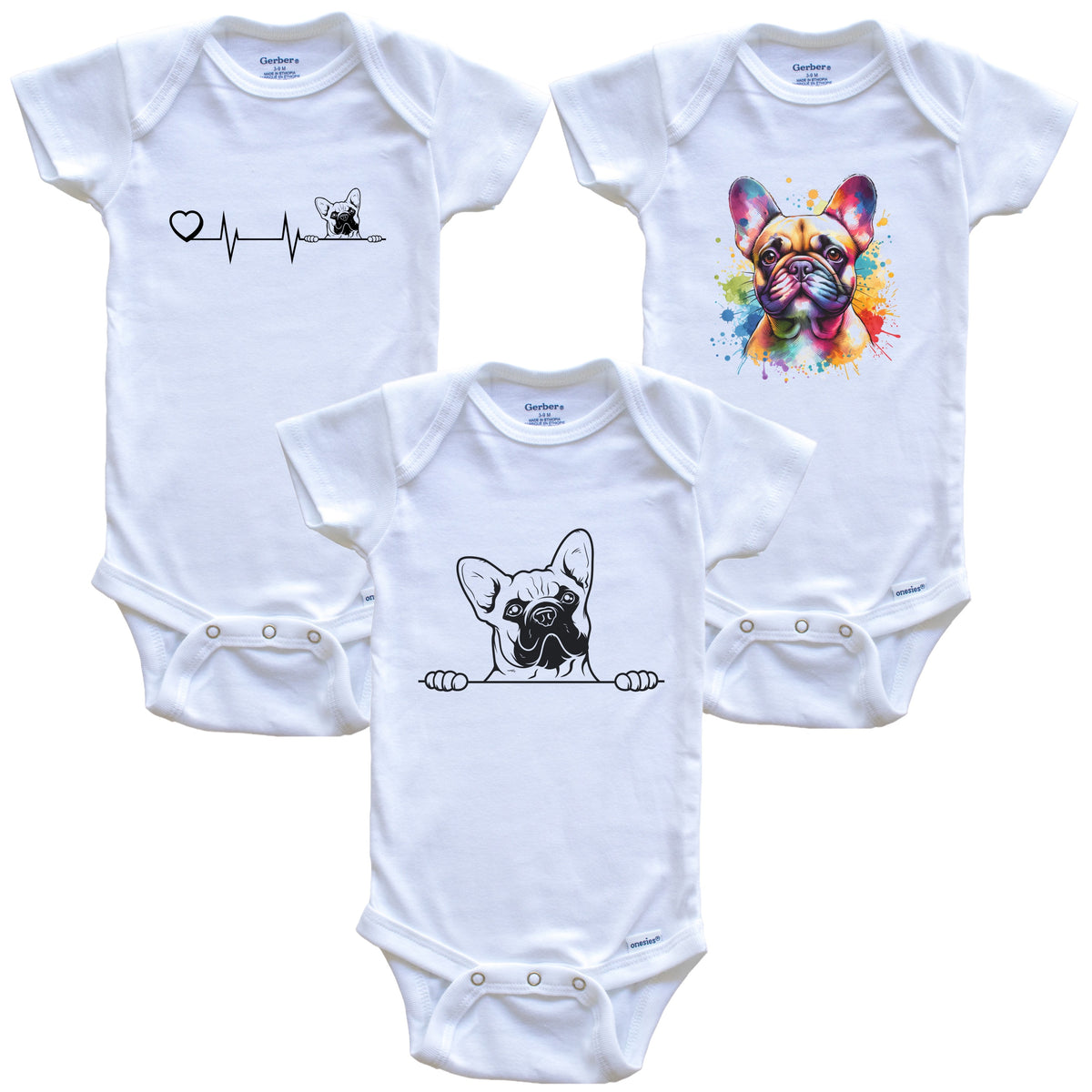 French Bulldog Baby Bodysuits - Cute Frenchie Dog Breed 3 Piece Gift Set