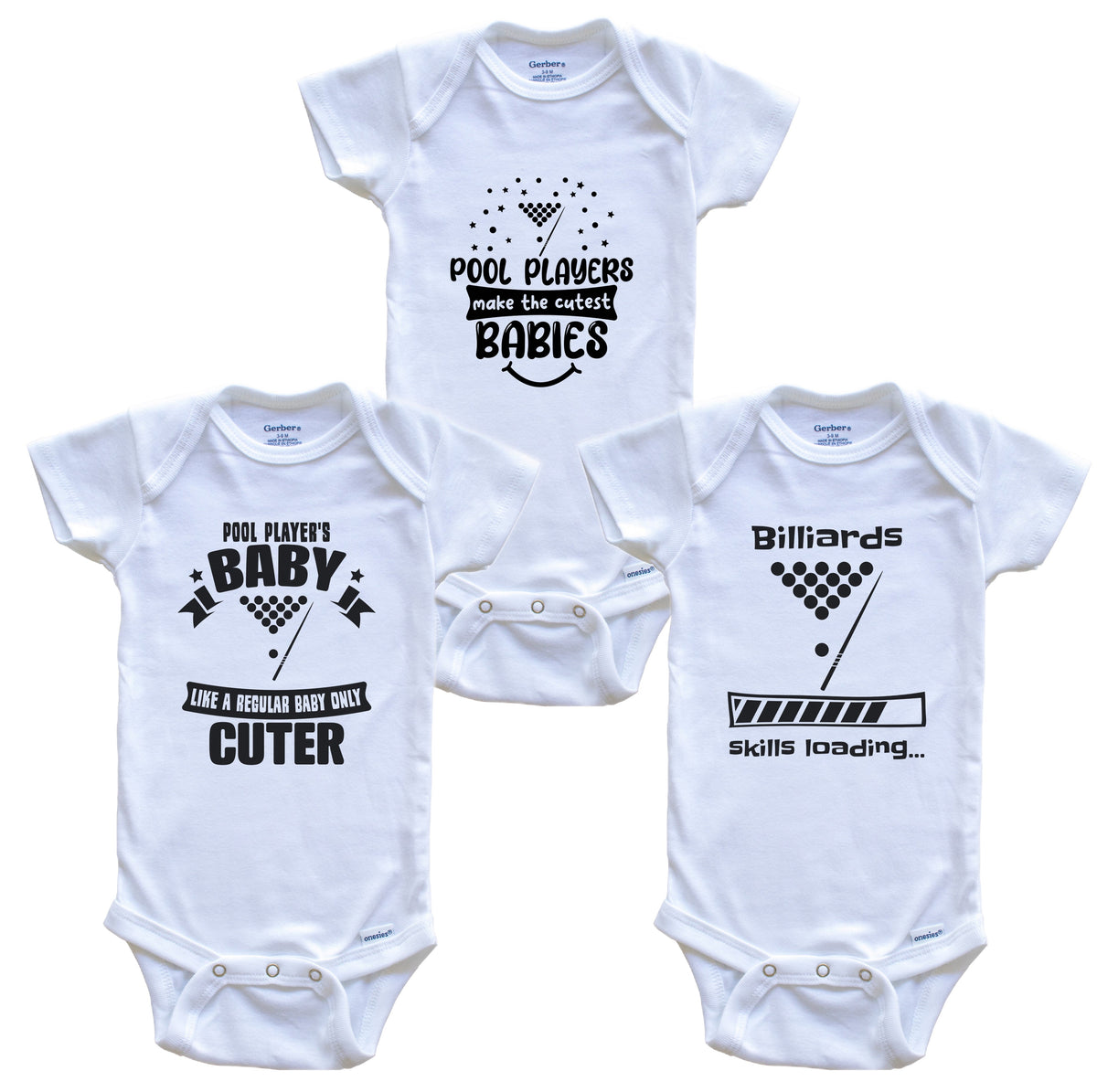 Billiards Pool Player Funny Cute Baby Bodysuit Bundle (3 Piece Set)
