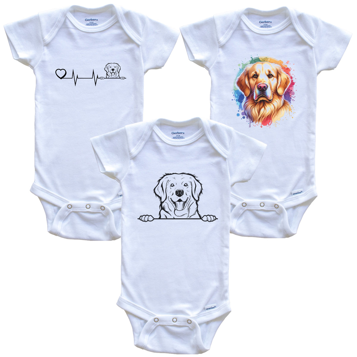 Golden Retriever Baby Bodysuits - Cute Dog Breed 3 Piece Gift Set