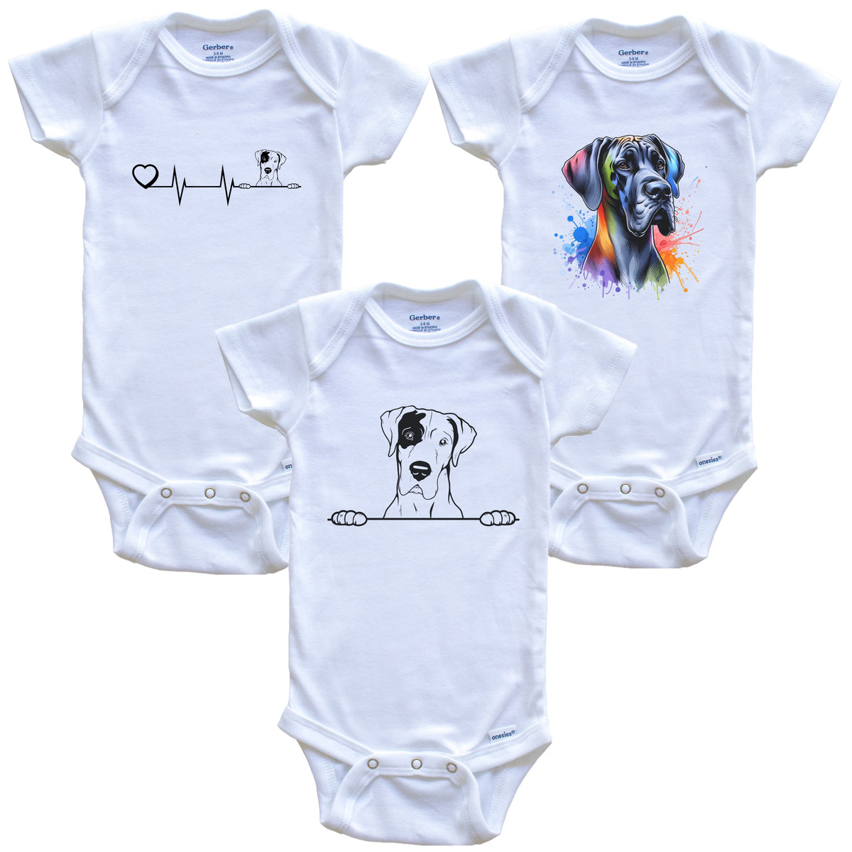 Great Dane Baby Bodysuits - Cute Dog Breed 3 Piece Gift Set