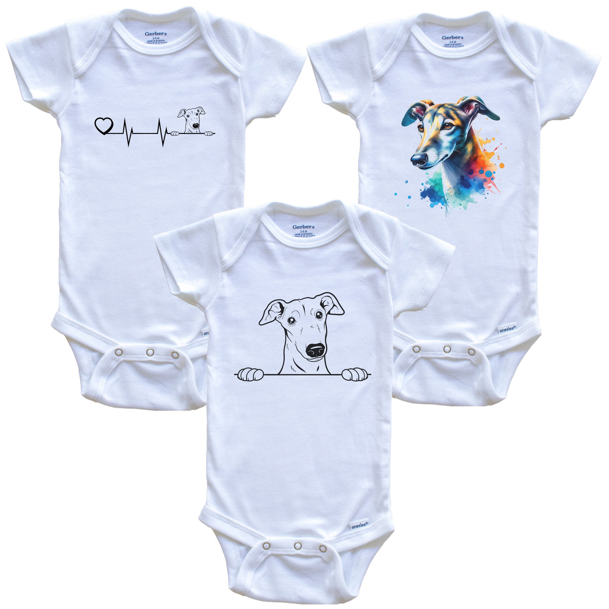 Greyhound Baby Bodysuits - Cute Dog Breed 3 Piece Gift Set