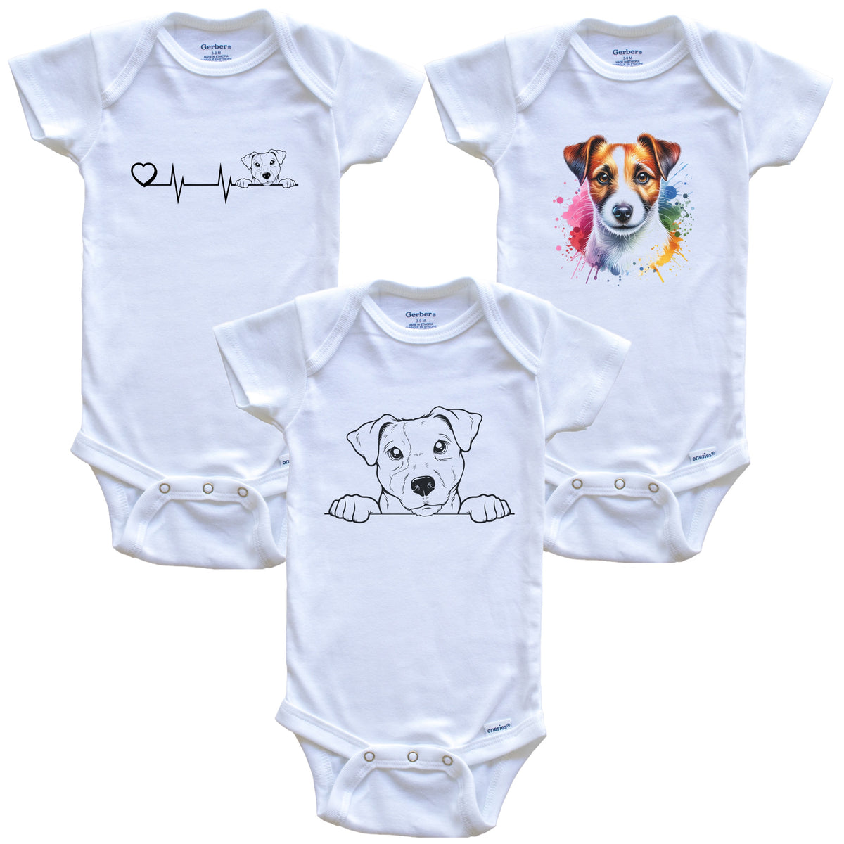 Jack Russell Terrier Baby Bodysuits - Cute Dog Breed 3 Piece Gift Set