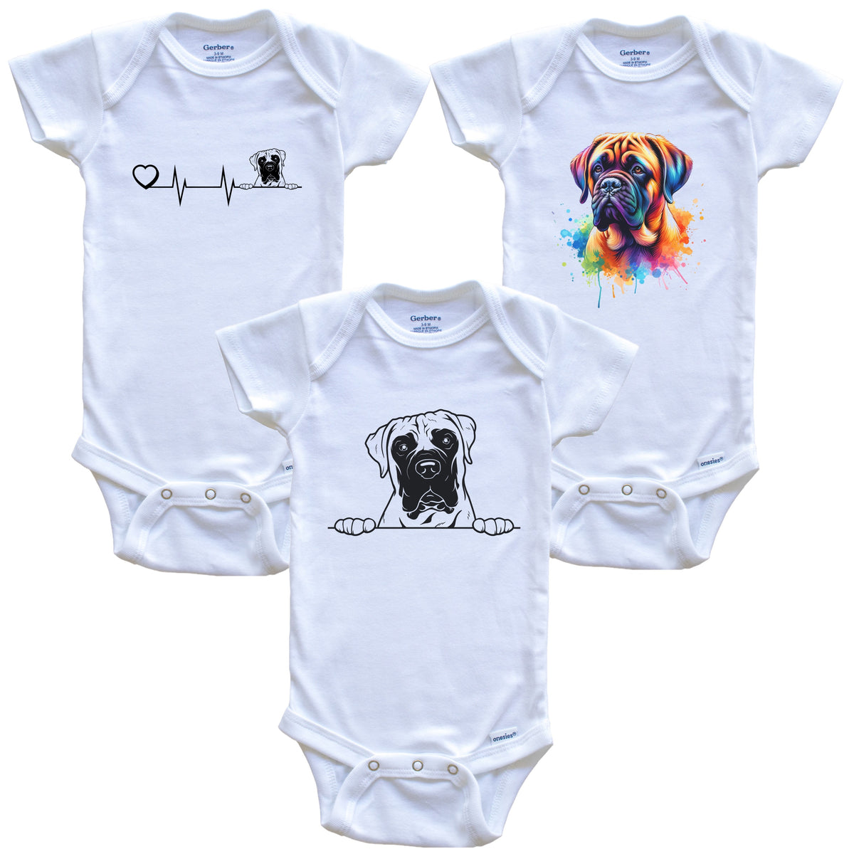 Mastiff Baby Bodysuits - Cute Dog Breed 3 Piece Gift Set