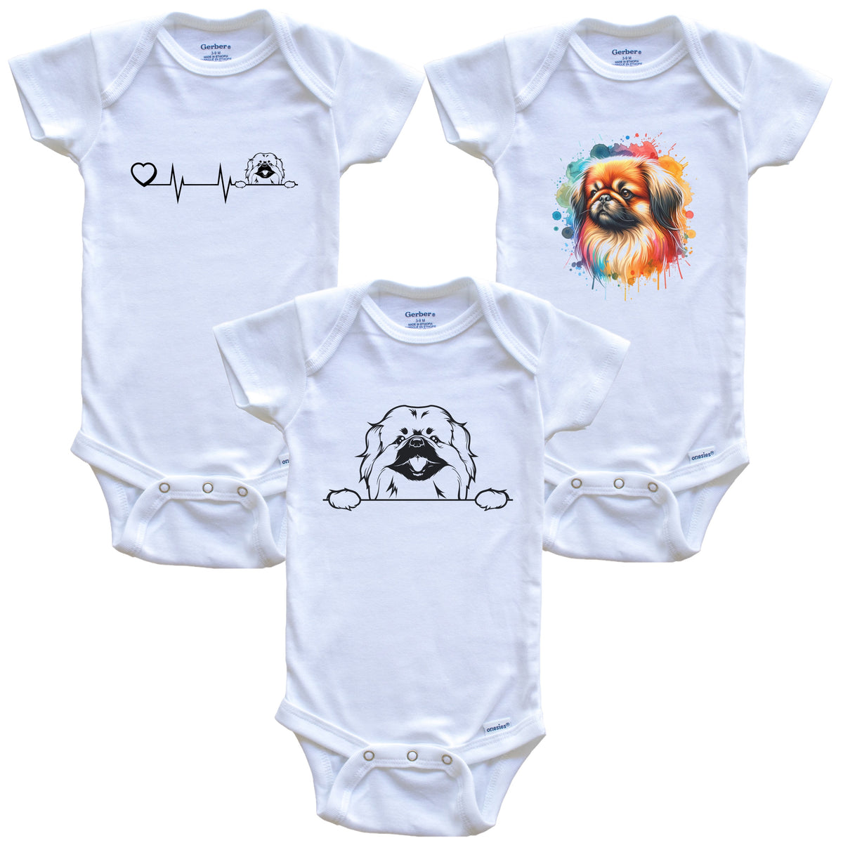 Pekingese Baby Bodysuits - Cute Dog Breed 3 Piece Gift Set