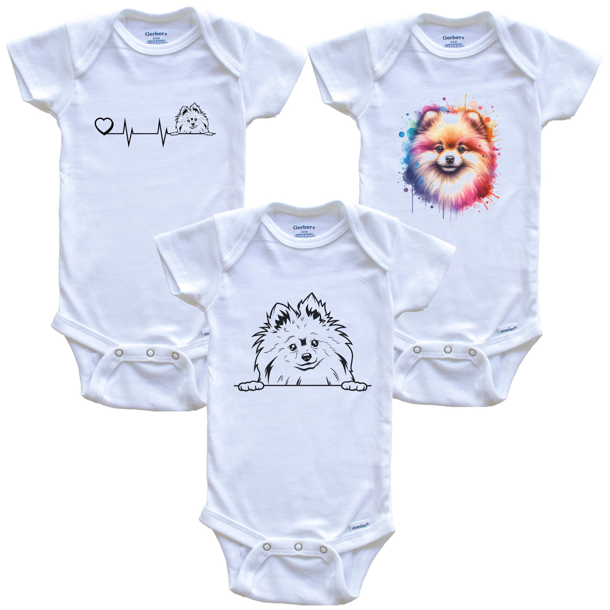 Pomeranian Baby Bodysuits - Cute Dog Breed 3 Piece Gift Set
