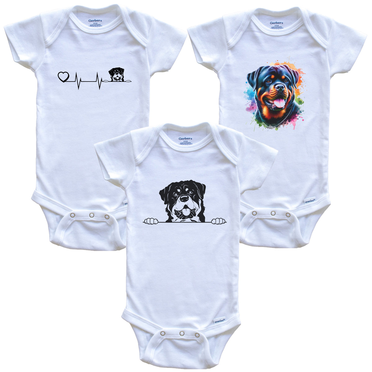 Rottweiler Baby Bodysuits - Cute Dog Breed 3 Piece Gift Set