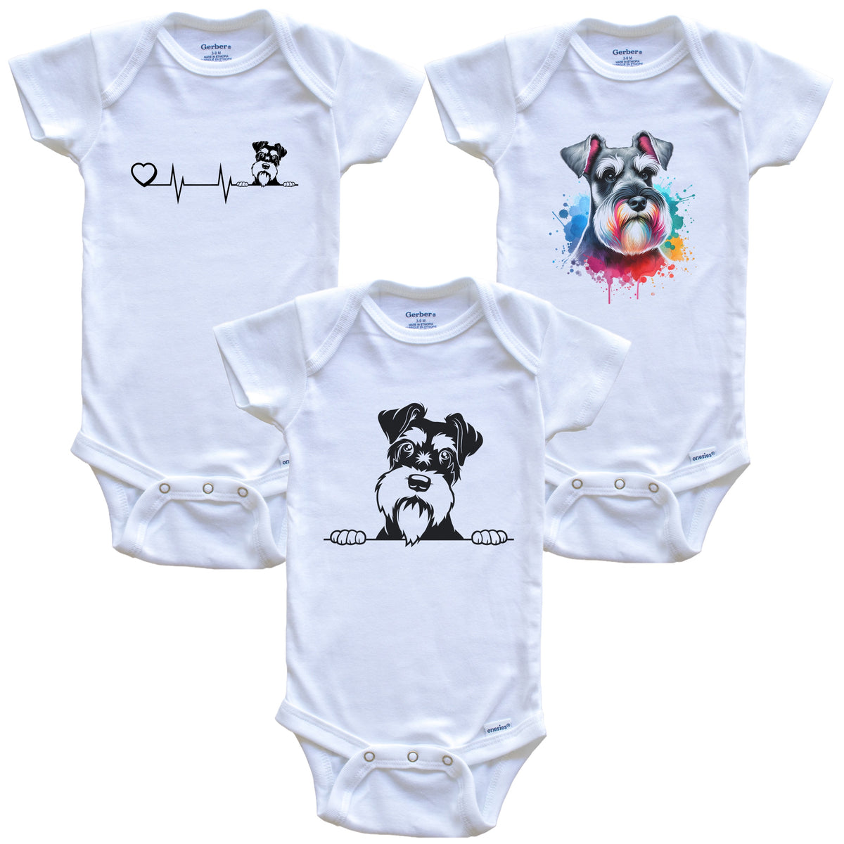 Schnauzer Baby Bodysuits - Cute Dog Breed 3 Piece Gift Set