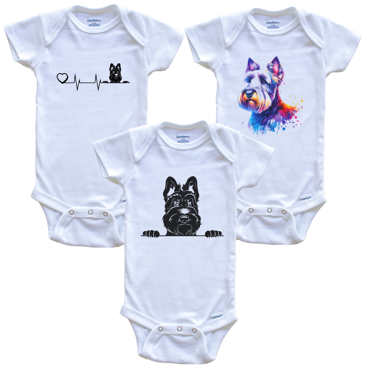 Scottish Terrier Baby Bodysuits - Cute Scottie Dog Breed 3 Piece Gift Set