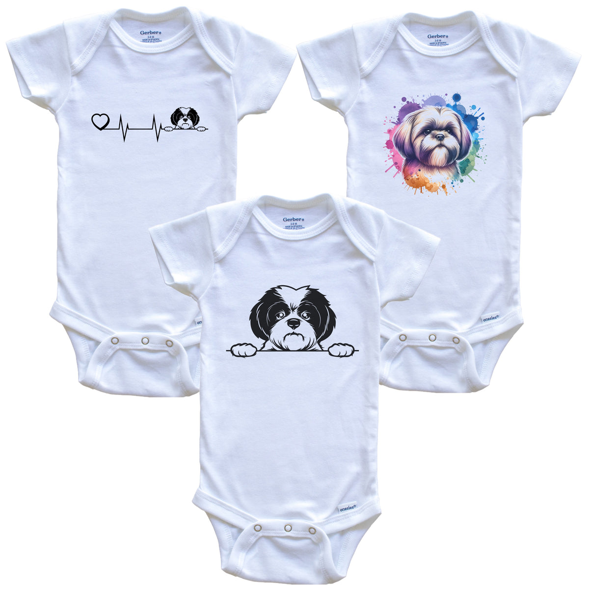 Shih Tzu Baby Bodysuits - Cute Dog Breed 3 Piece Gift Set