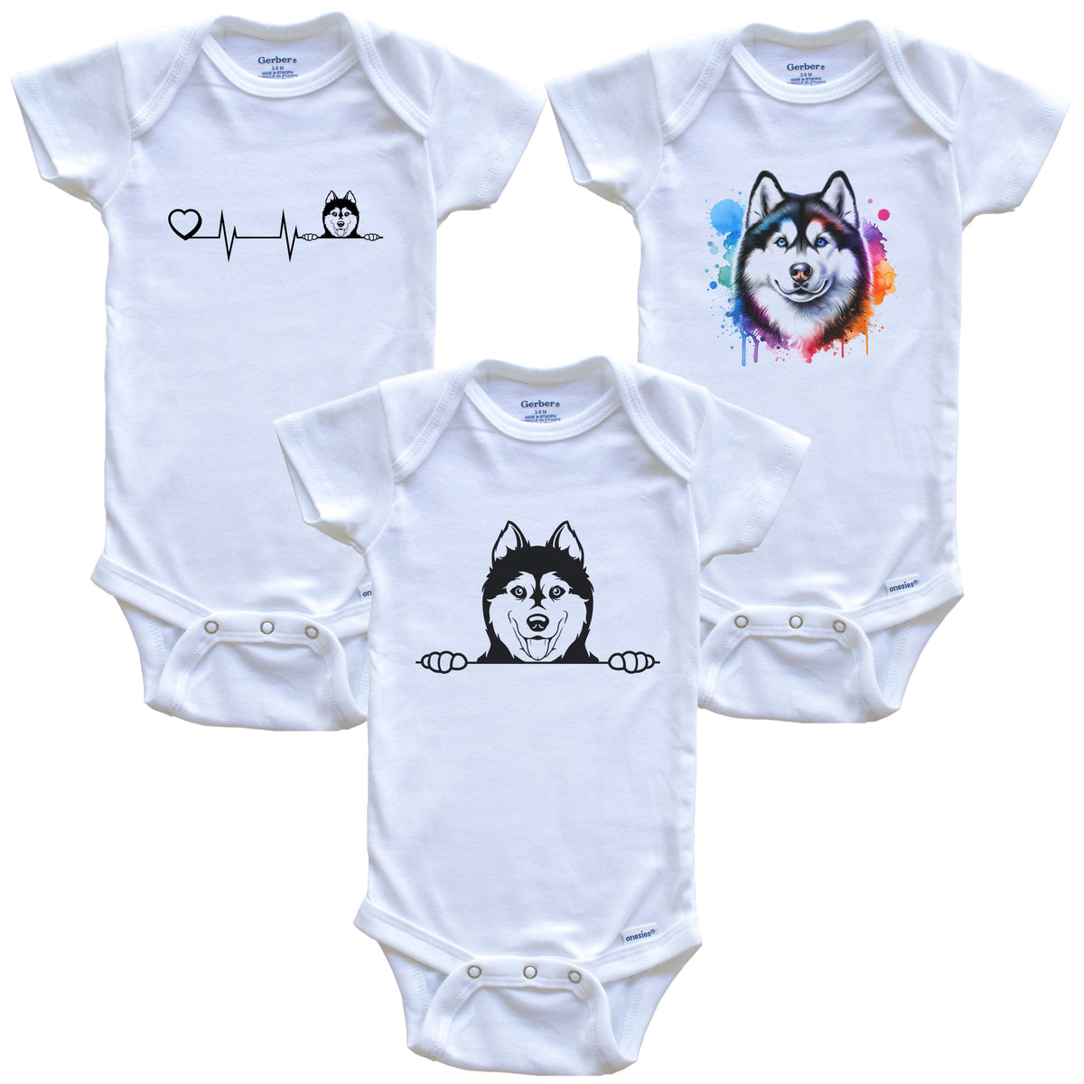Siberian Husky Baby Bodysuits - Cute Dog Breed 3 Piece Gift Set