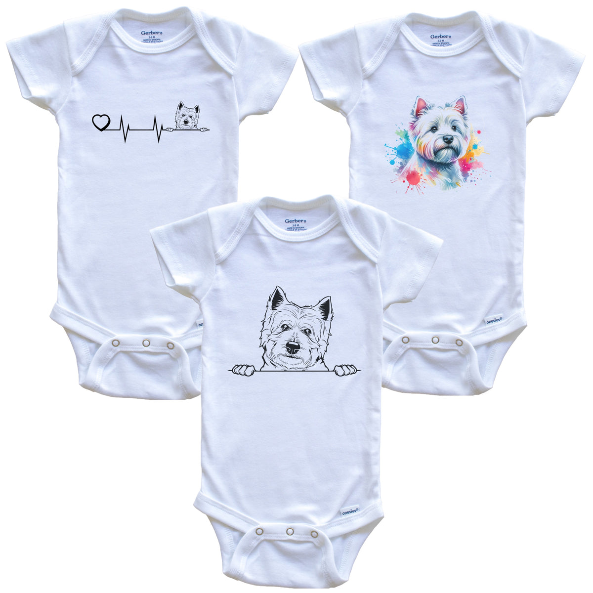 Westie Baby Bodysuits - Cute West Highland White Terrier 3 Piece Gift Set