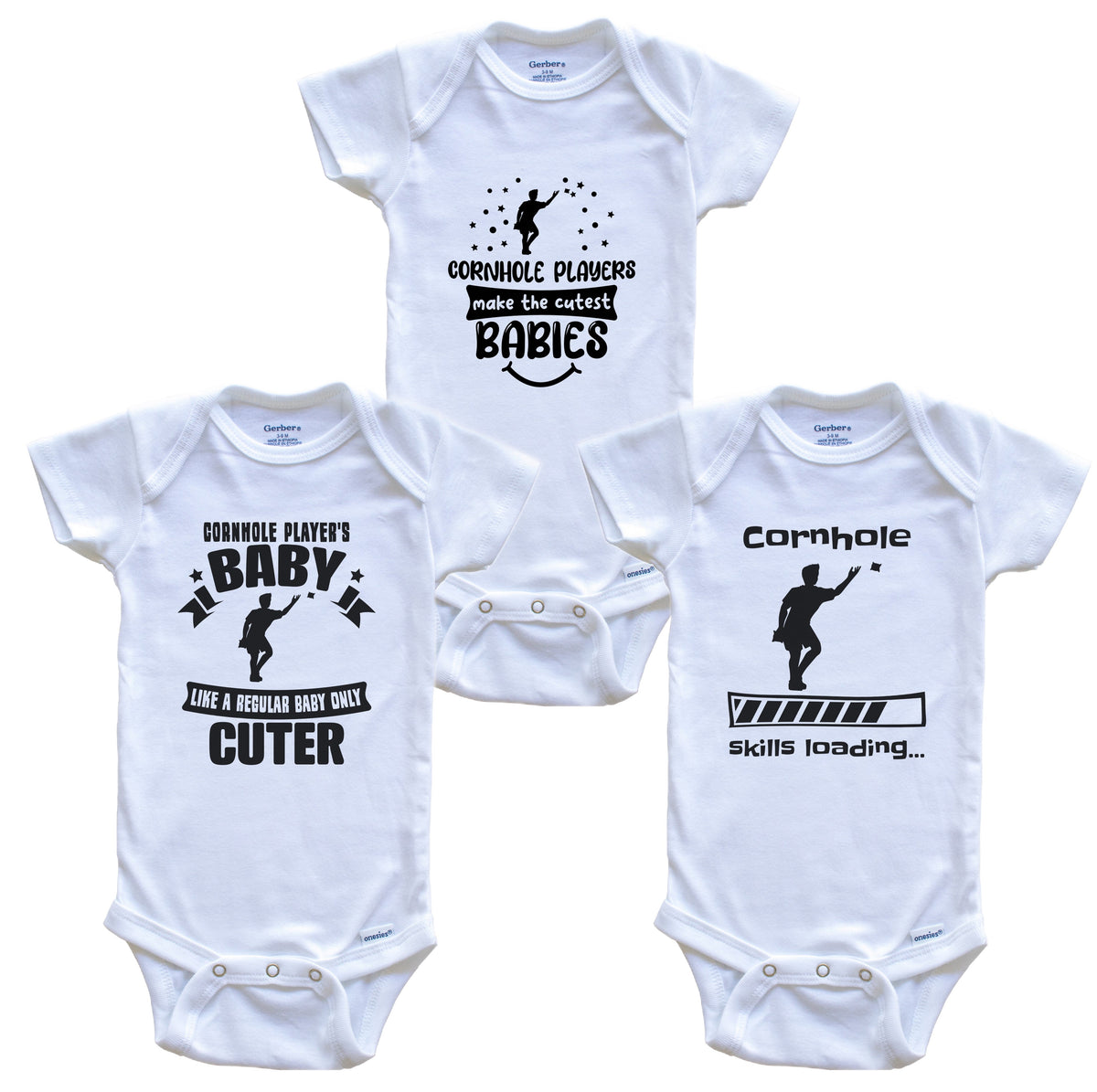 Cornhole Player Funny Cute Baby Bodysuit Bundle (3 Piece Set)