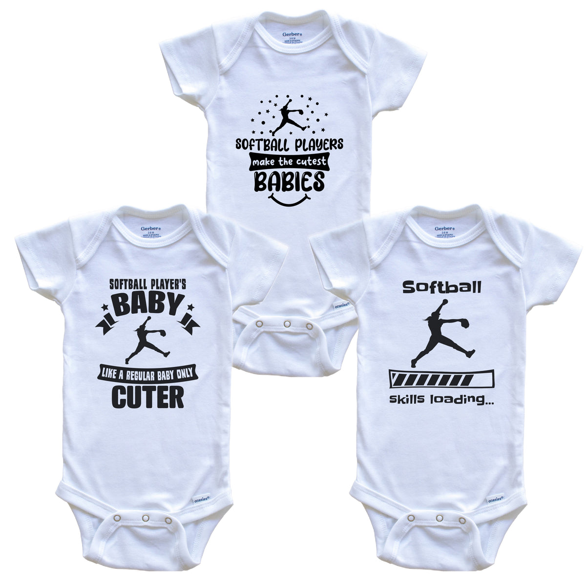 Softball Player Funny Cute Baby Bodysuit Bundle (3 Piece Set)