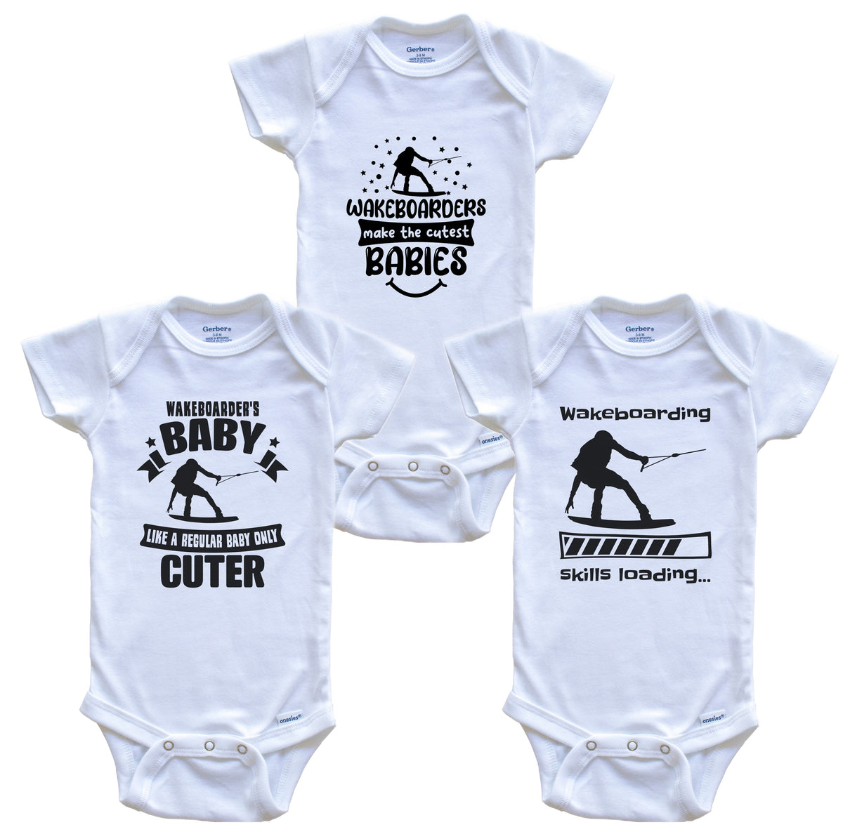 Wakeboarding Wakeboarder Funny Cute Baby Bodysuit Bundle (3 Piece Set)