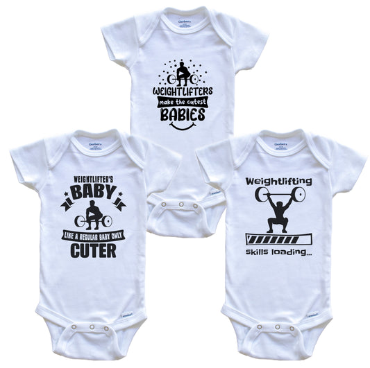 Weightlifting Weightlifter Funny Cute Baby Bodysuit Bundle (3 Piece Set)