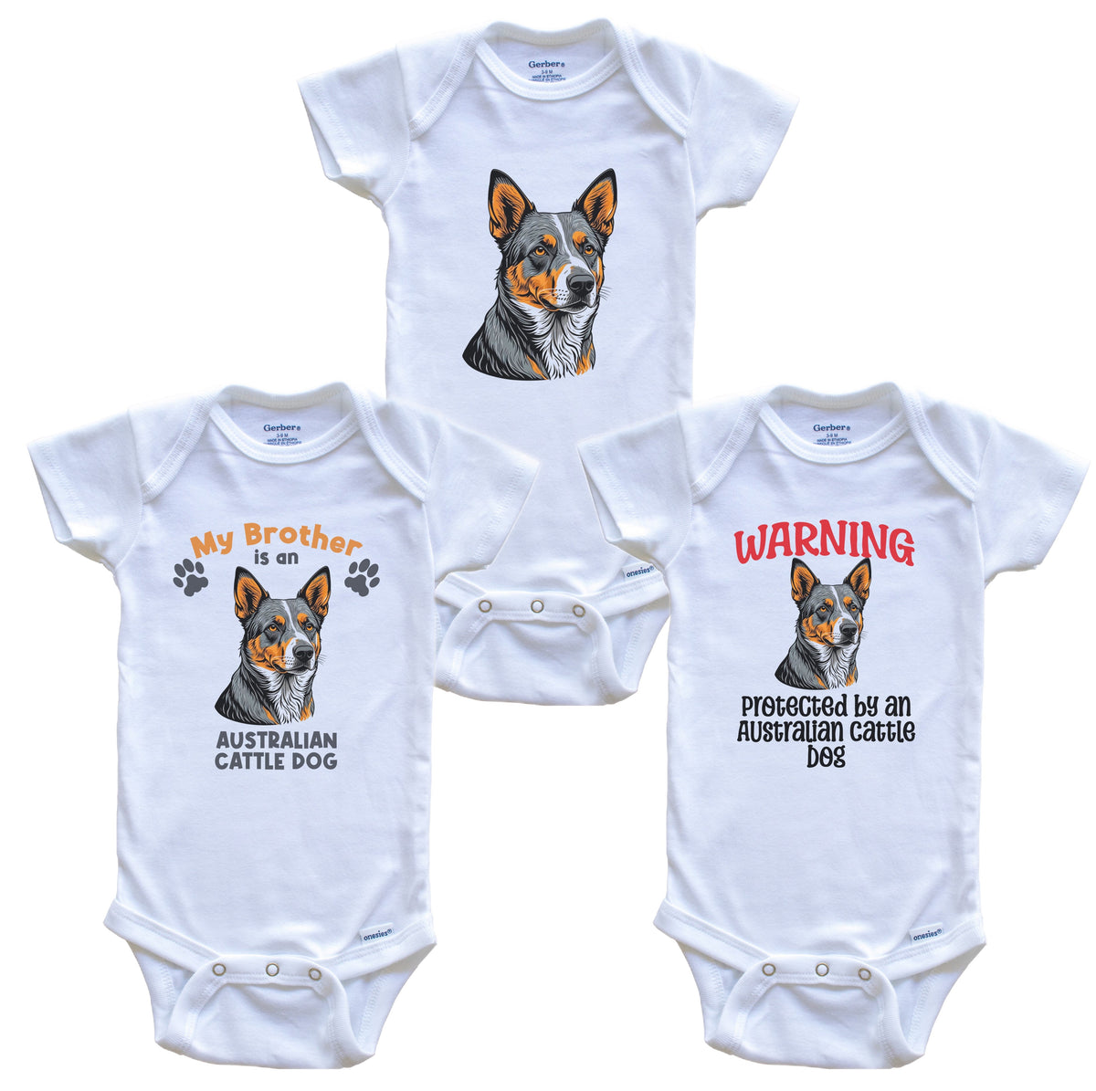 Brother is an Australian Cattle Dog Funny Dog Breed Baby Bodysuit Bundle (3 Piece Set)