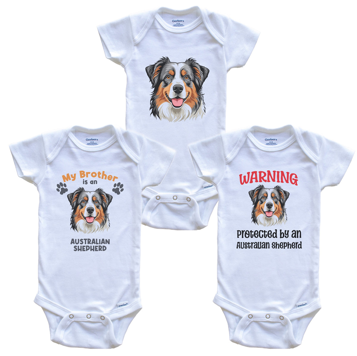 Brother is an Australian Shepherd Funny Dog Breed Baby Bodysuit Bundle (3 Piece Set)