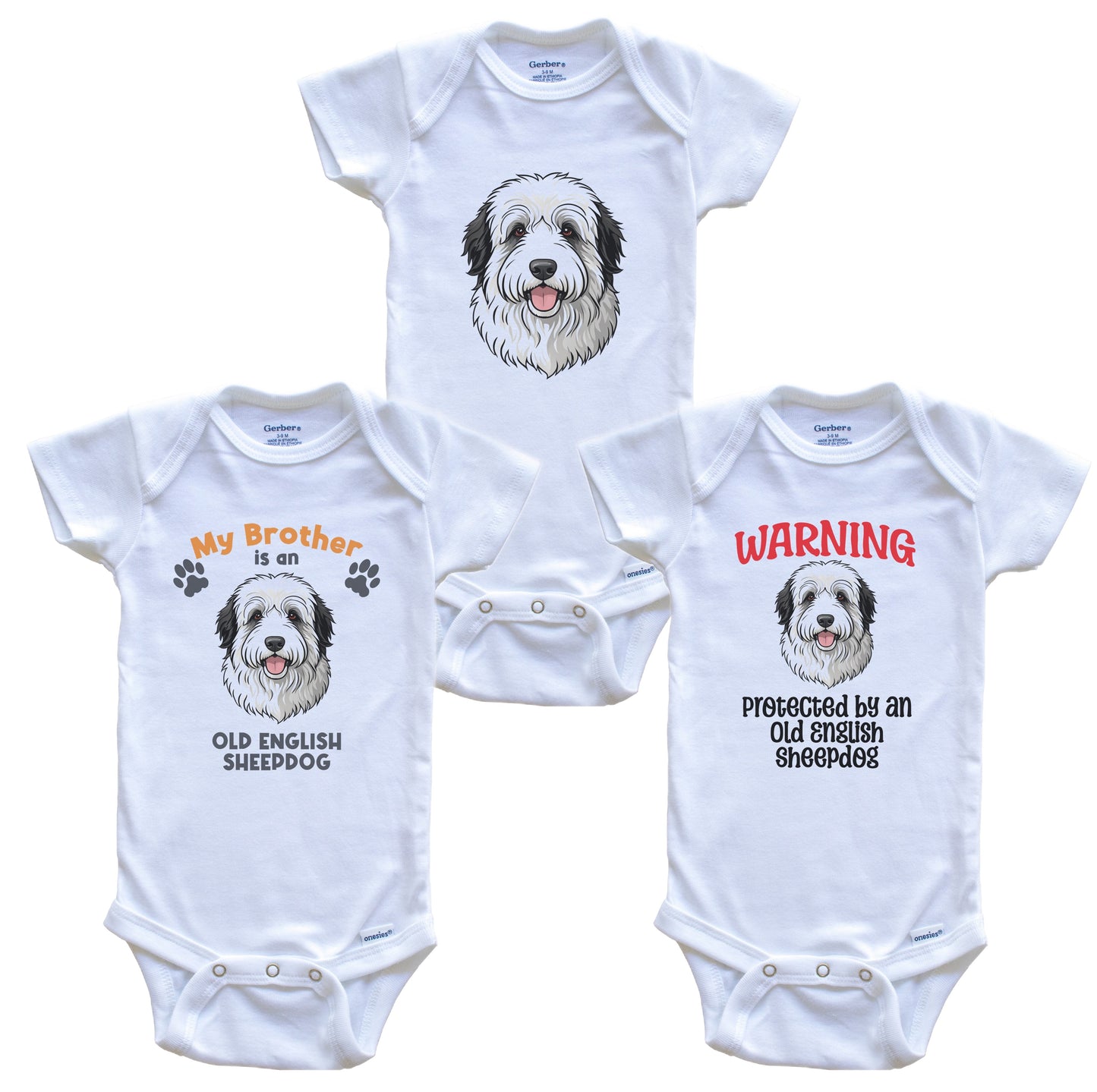 Brother is an Old English Sheepdog Funny Dog Breed Baby Bodysuit Bundle (3 Piece Set)