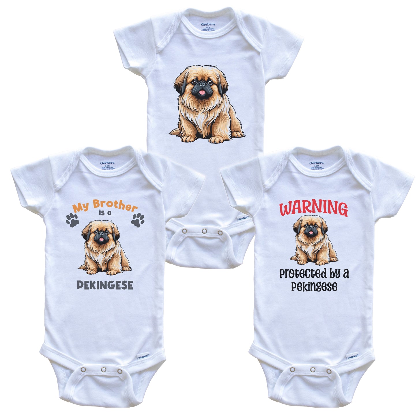 Brother is a Pekingese Funny Dog Breed Baby Bodysuit Bundle (3 Piece Set)