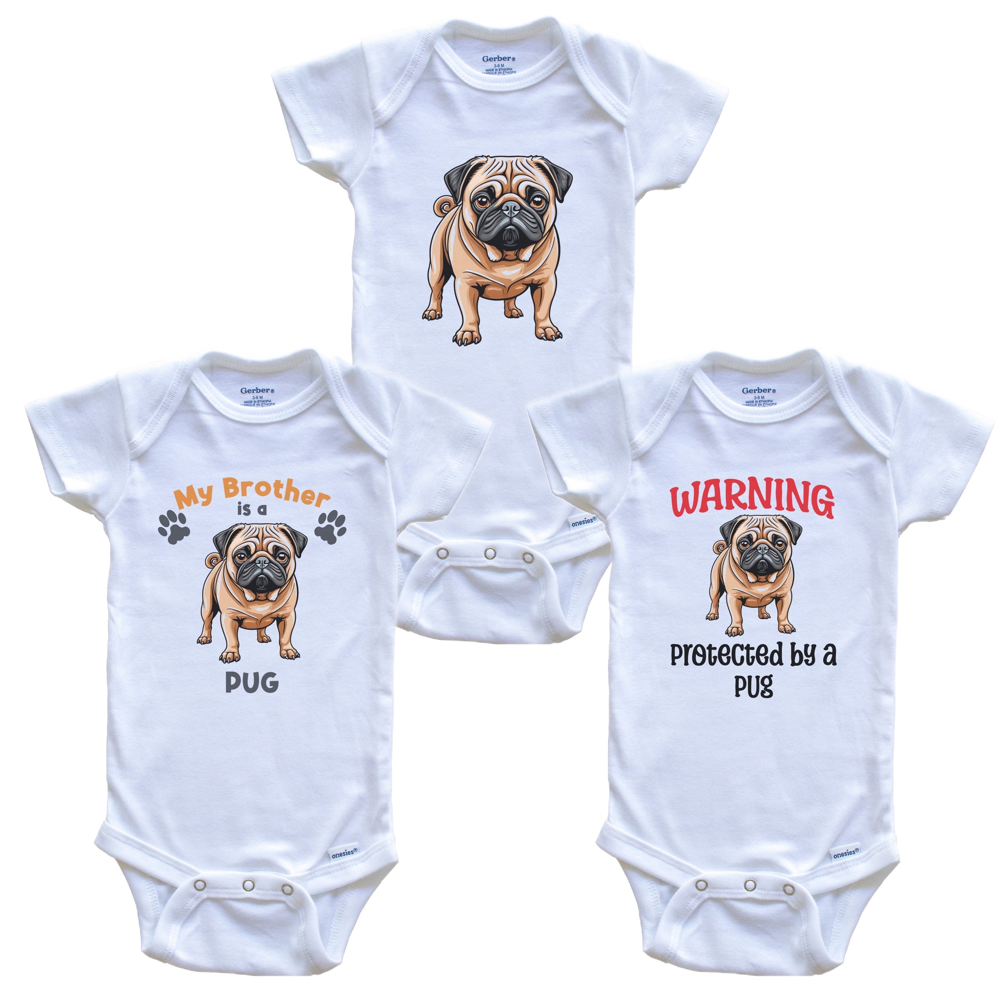 Brother is a Pug Funny Dog Breed Baby Bodysuit Bundle (3 Piece Set)