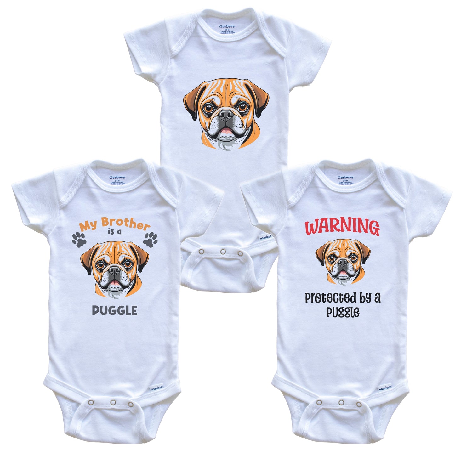 Brother is a Puggle Funny Dog Breed Baby Bodysuit Bundle (3 Piece Set)