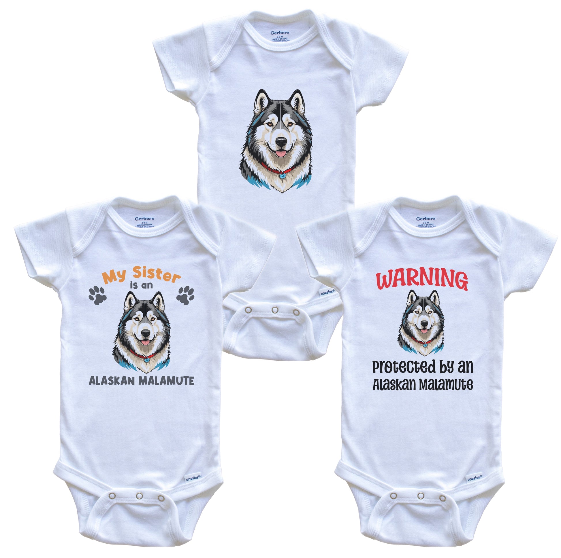 Sister is an Alaskan Malamute Funny Dog Breed Baby Bodysuit Bundle (3 Piece Set)