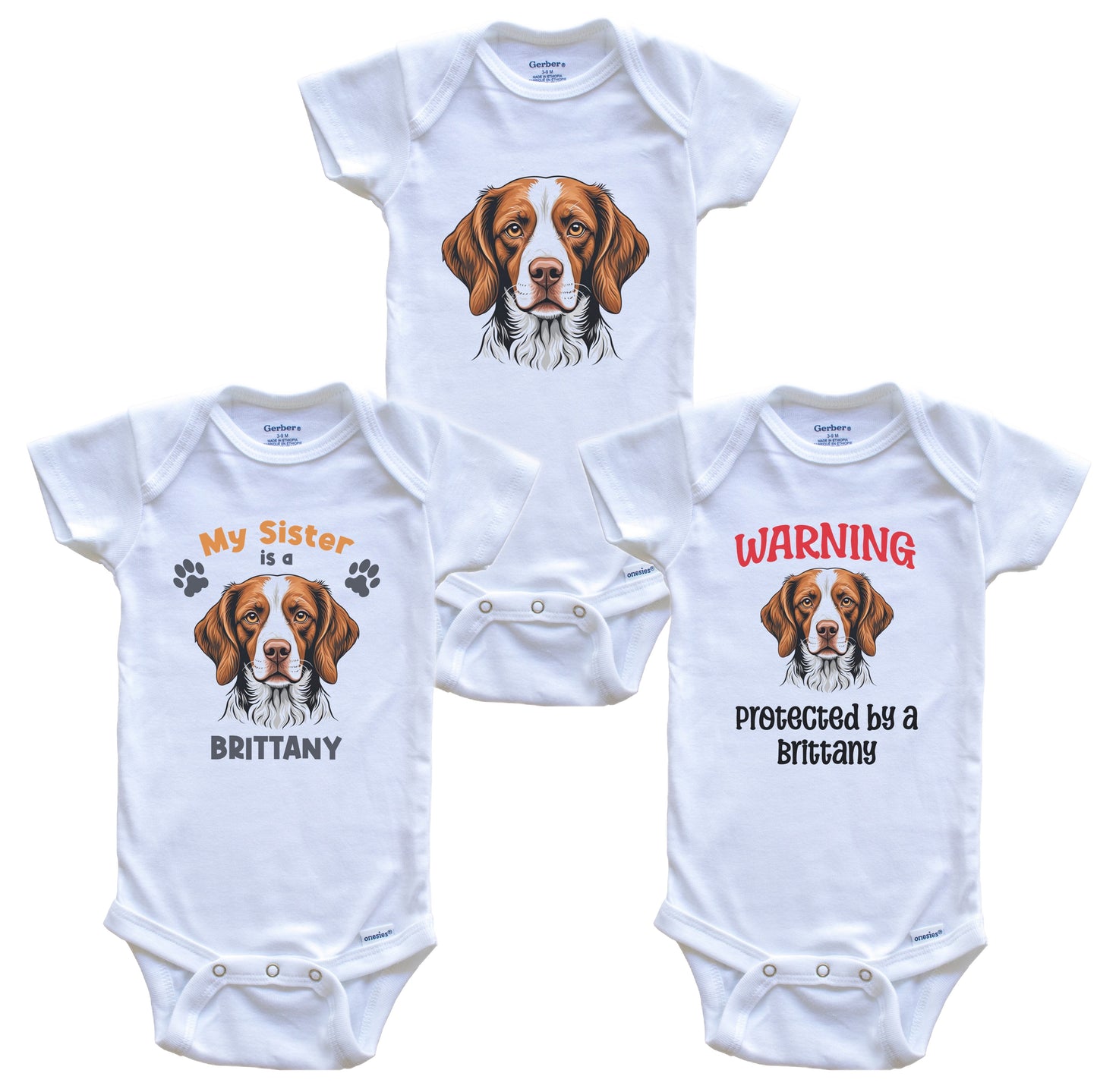 Sister is a Brittany Funny Dog Breed Baby Bodysuit Bundle (3 Piece Set)