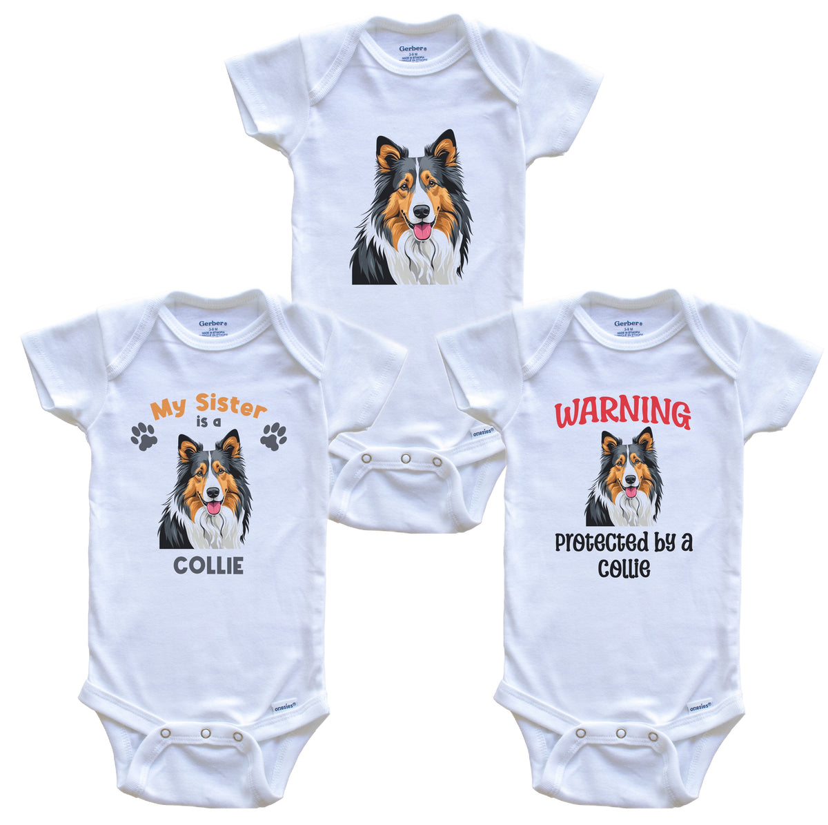 Sister is a Collie Funny Dog Breed Baby Bodysuit Bundle (3 Piece Set)