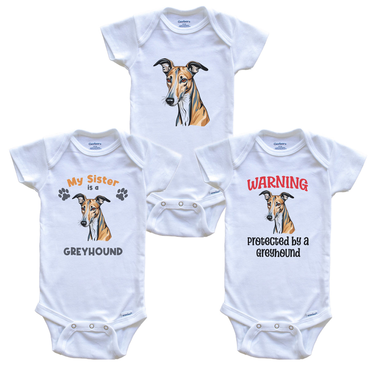 Sister is a Greyhound Funny Dog Breed Baby Bodysuit Bundle (3 Piece Set)