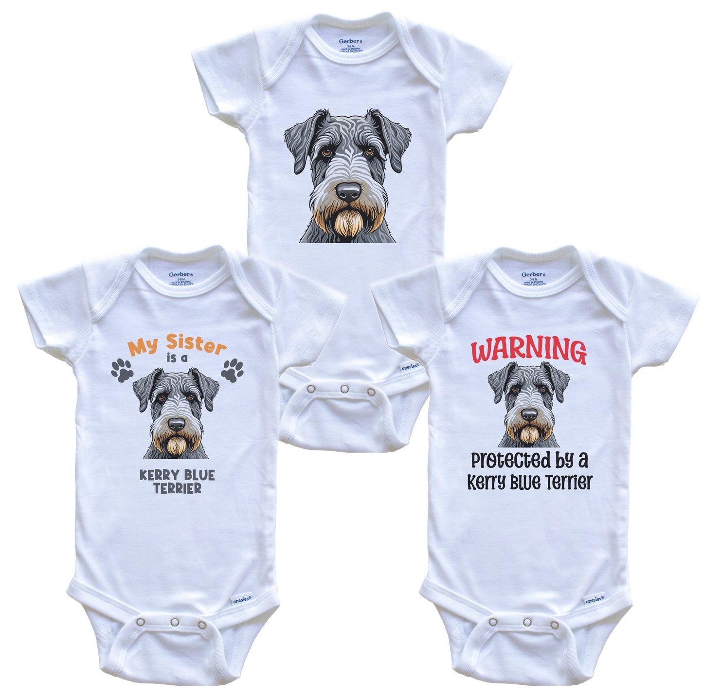 Sister is a Kerry Blue Terrier Funny Dog Breed Baby Bodysuit Bundle (3 Piece Set)