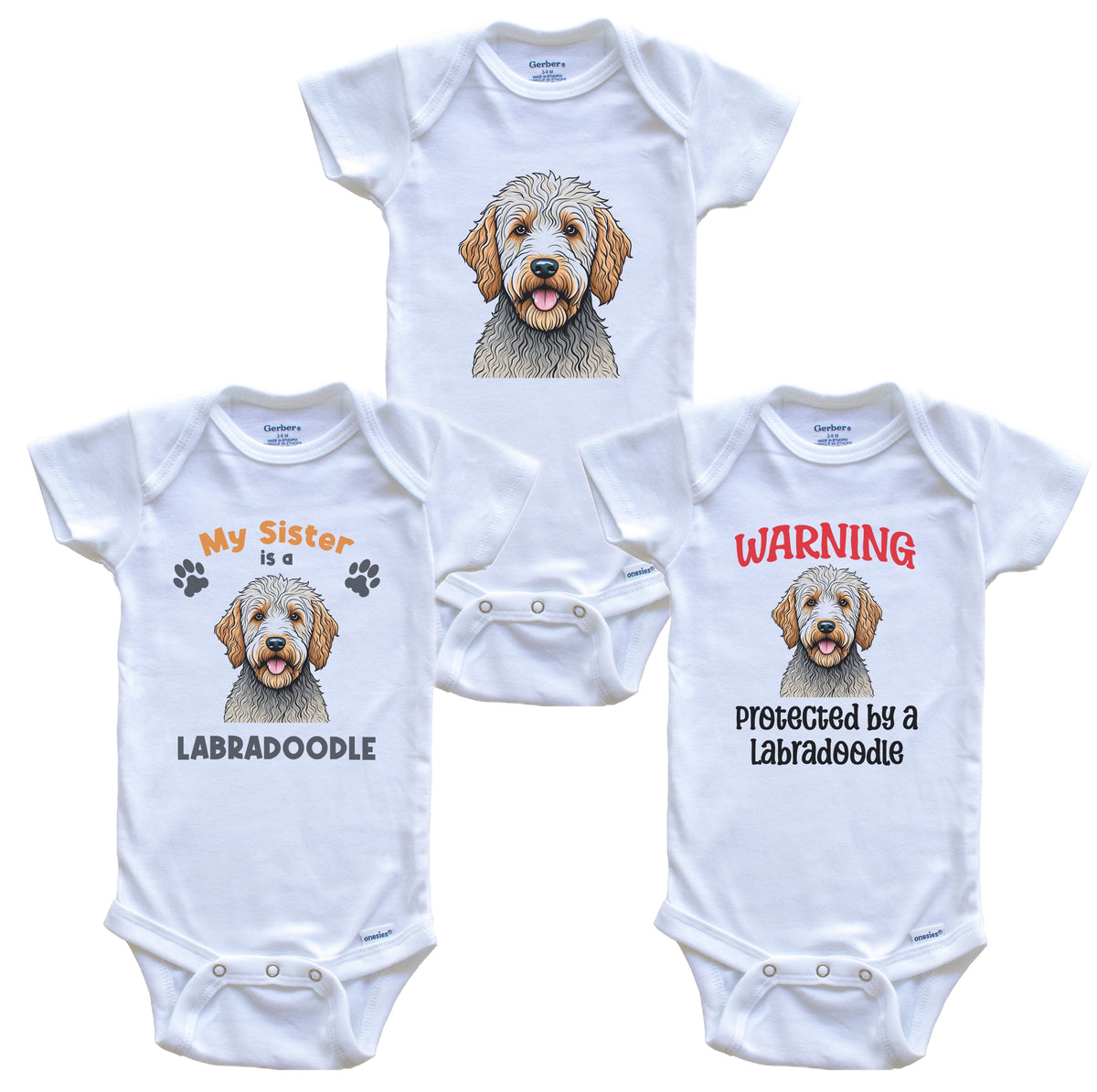 Sister is a Labradoodle Funny Dog Breed Baby Bodysuit Bundle (3 Piece Set)