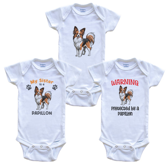 Sister is a Papillon Funny Dog Breed Baby Bodysuit Bundle (3 Piece Set)