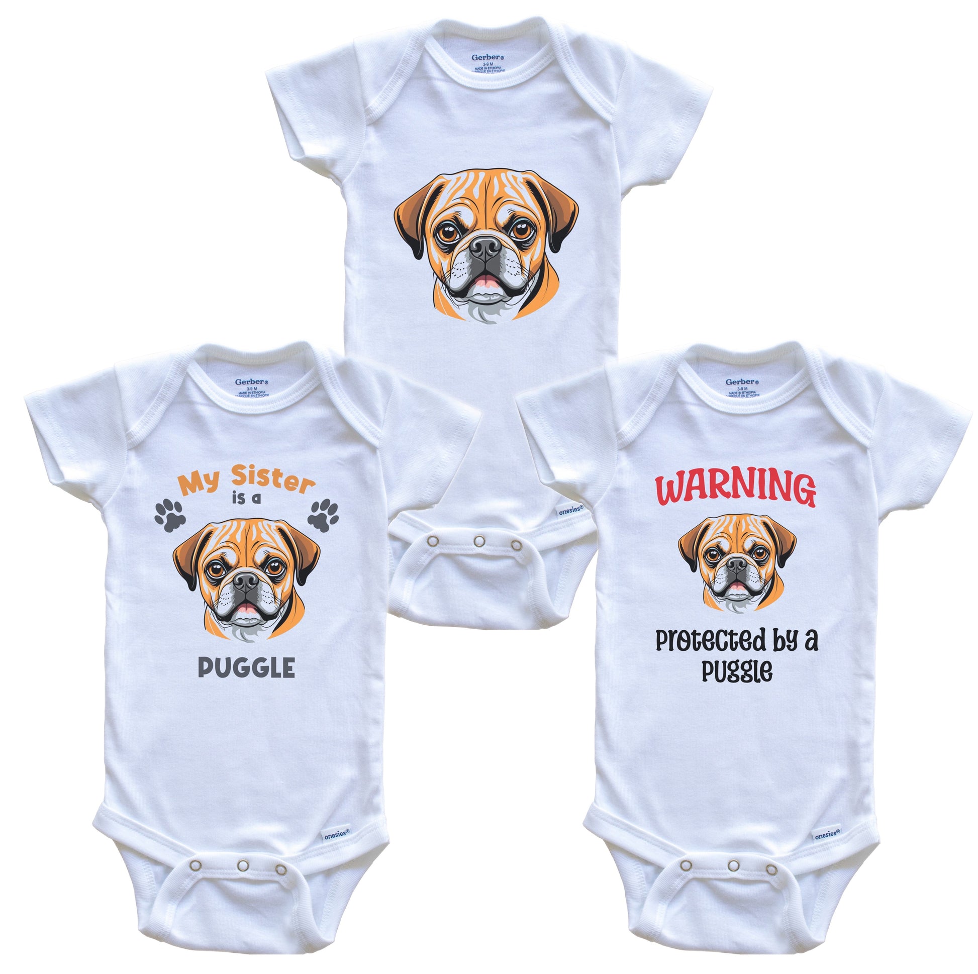 Sister is a Puggle Funny Dog Breed Baby Bodysuit Bundle (3 Piece Set)