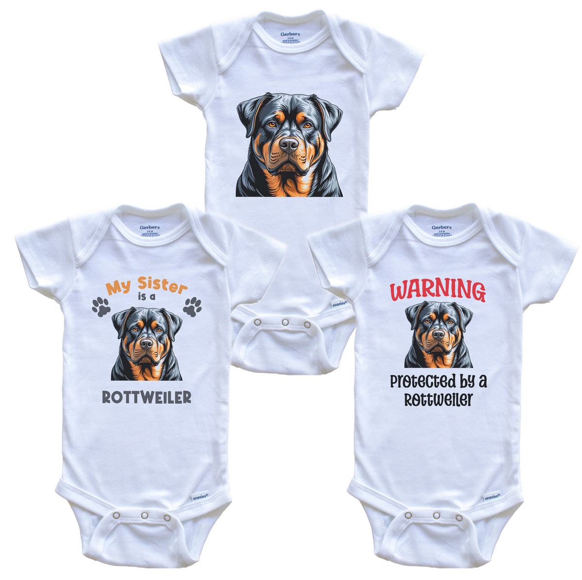 Sister is a Rottweiler Funny Dog Breed Baby Bodysuit Bundle (3 Piece Set)