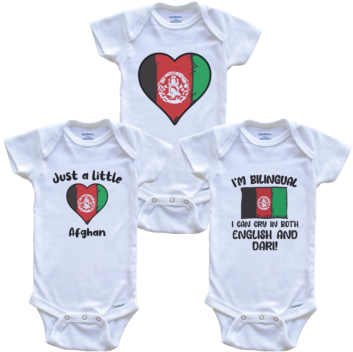 Afghanistan Flag Cry in Dari Cute Afghan Baby Bodysuit Bundle (3 Piece Set)