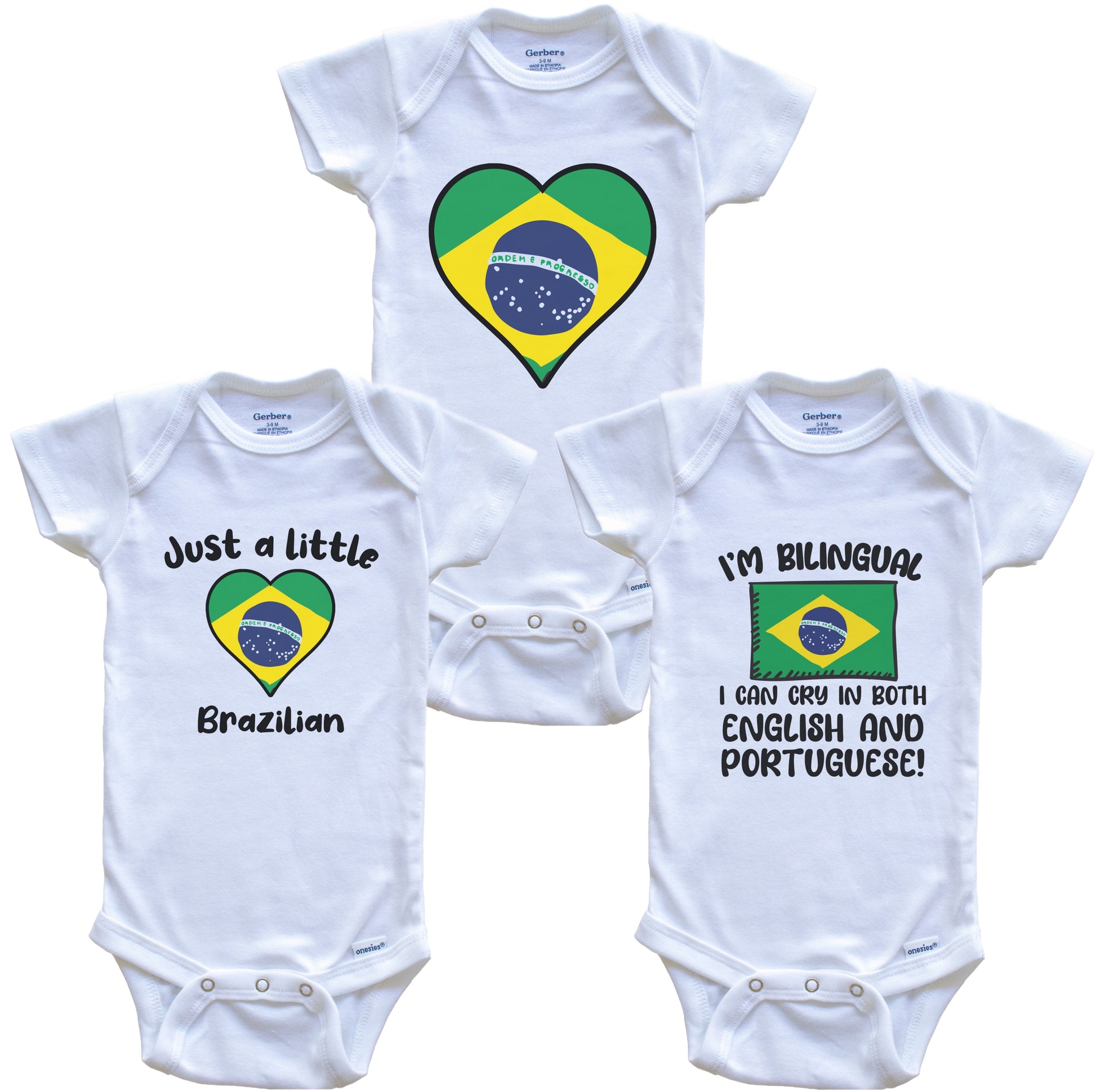 Brazil Flag Cry in Portuguese Cute Brazilian Baby Bodysuit Bundle (3 Piece Set)