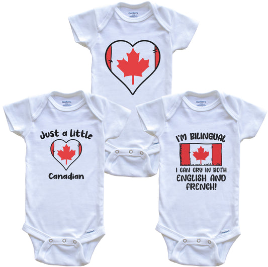 Canada Flag Cry in French Cute Canadian Baby Bodysuit Bundle (3 Piece Set)