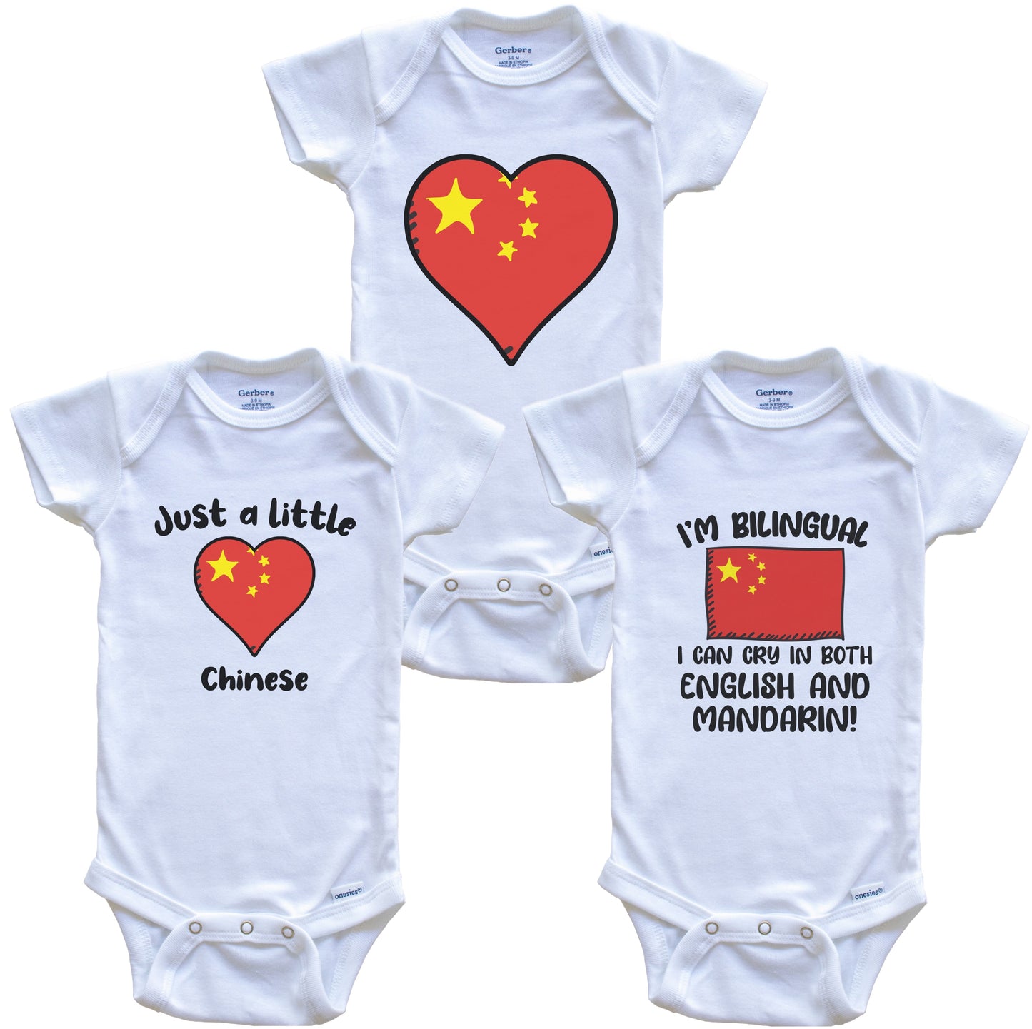 China Flag Cry in Mandarin Cute Chinese Baby Bodysuit Bundle (3 Piece Set)