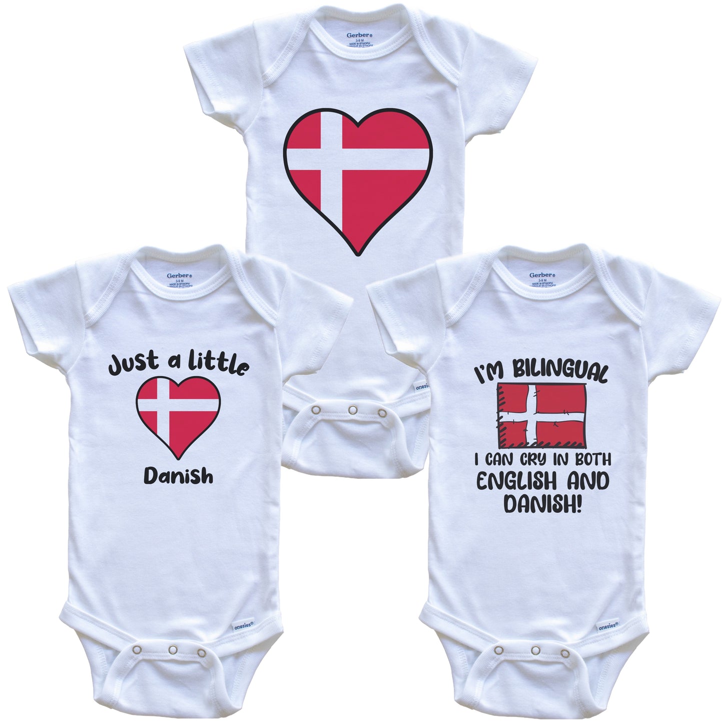 Denmark Flag Cry in Danish Cute Danish Baby Bodysuit Bundle (3 Piece Set)