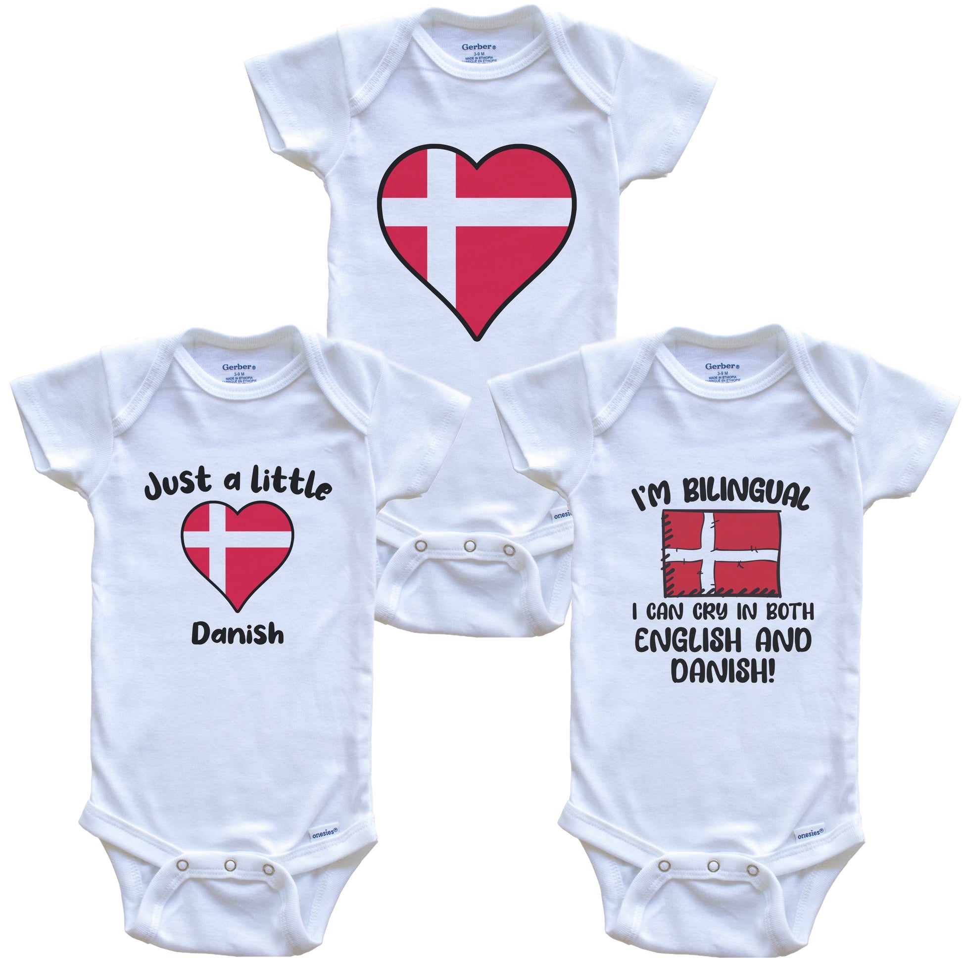 Denmark Flag Cry in Danish Cute Danish Baby Bodysuit Bundle (3 Piece Set)