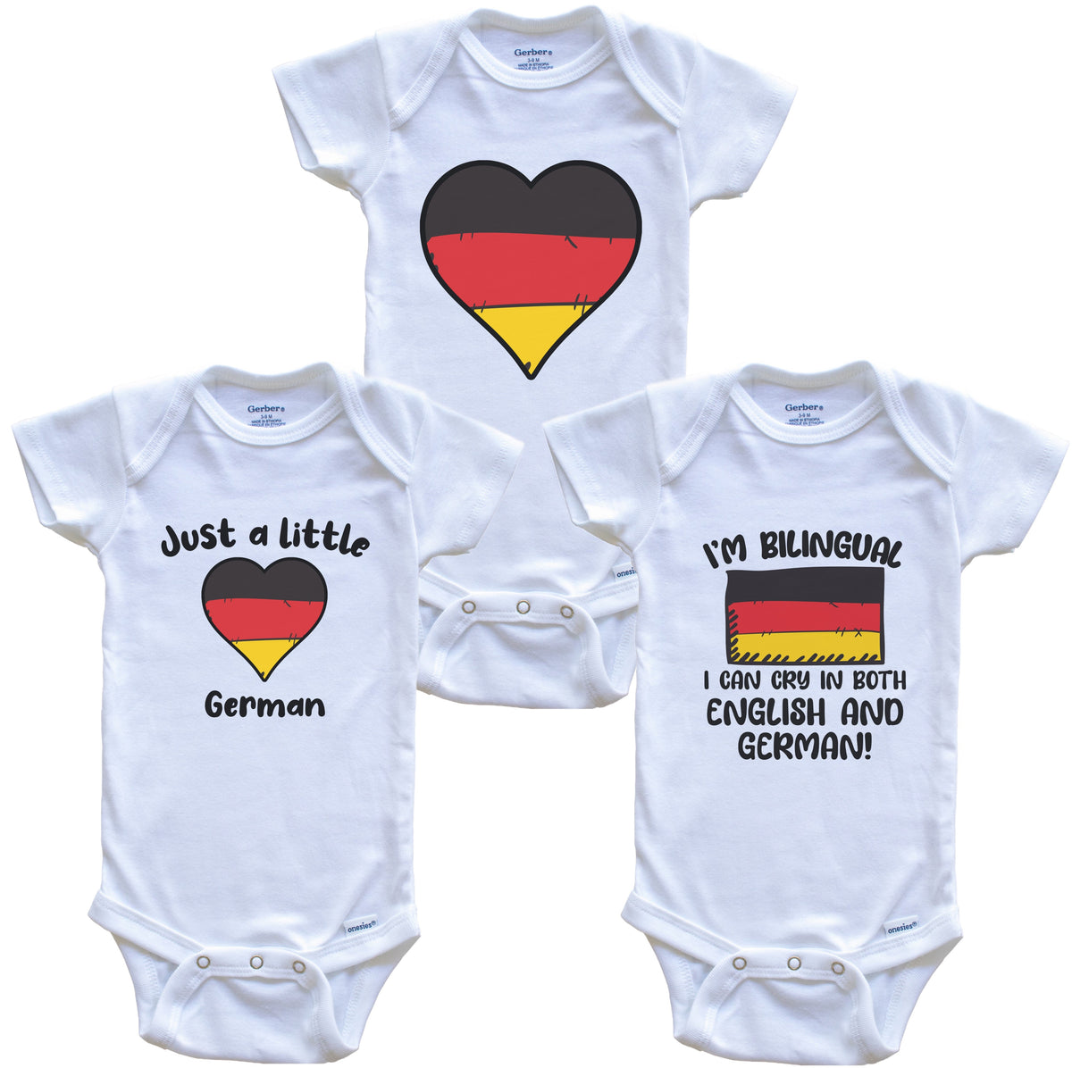 Germany Flag Cry in German Cute German Baby Bodysuit Bundle (3 Piece Set)